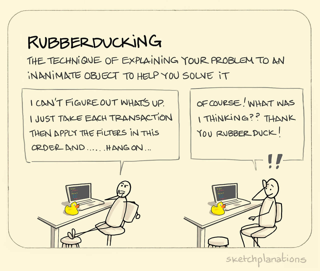 Rubberducking is a way to ask yourself questions from a caring perspective