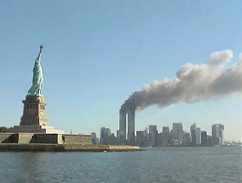 9-11 attacks: Statue of Liberty and Twin Towers on Fire